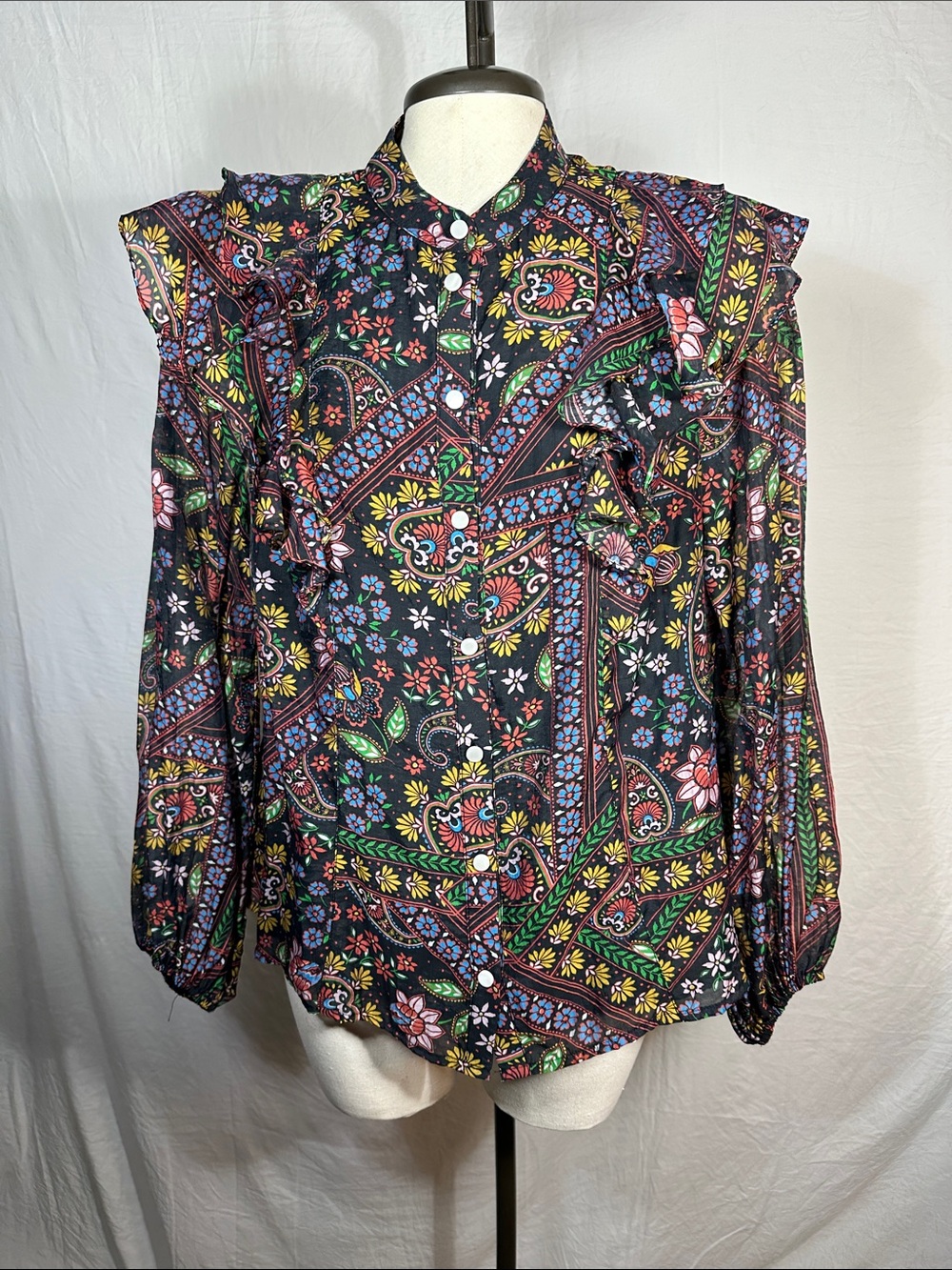 FATE Black Floral Paisley Ruffle Puff Sleeve Tencel Blouse M Boho Whimsygoth